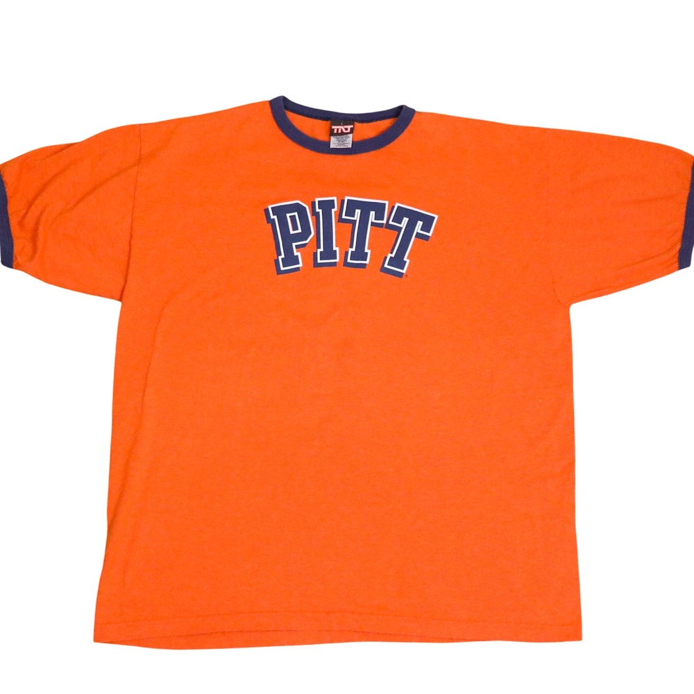 TNT Pitt Panthers T-Shirt Orange Blue Ringer Tee University Pittsburgh Y2K XL